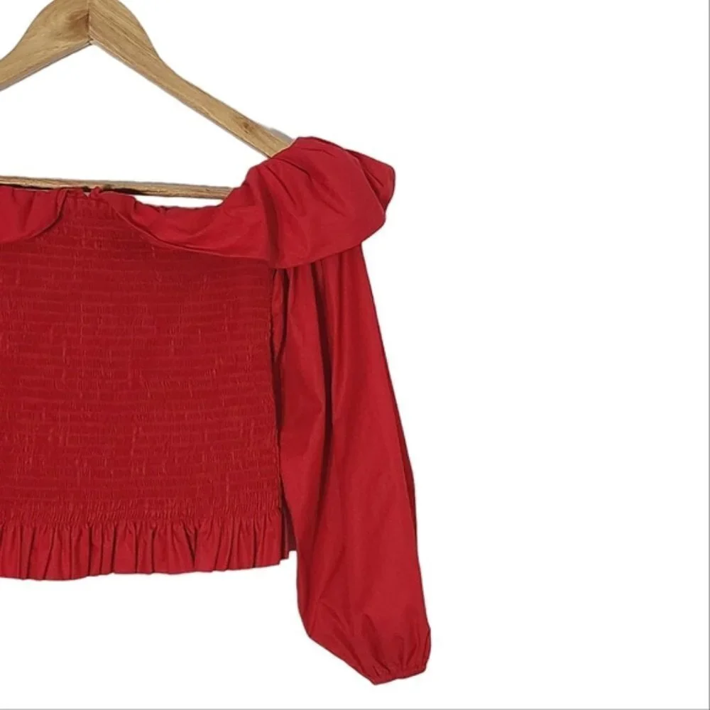 MAJE Lenda Off-The-Shoulder Smocked Cotton Top Women's Size S - Picture 4 of 16